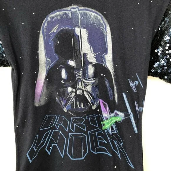 Star Wars Darth Vader Navy Blue Graphic T-Shirt with Sequin Sleeves Size Small - Picture 2 of 5